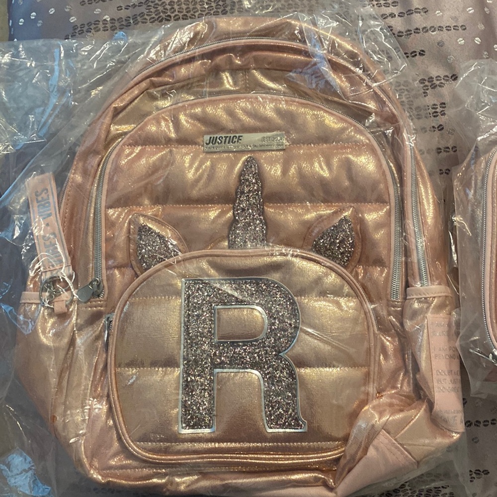Girls Justice Rose Gold Unicorn backpack and lunch box “R” initial. Never opened